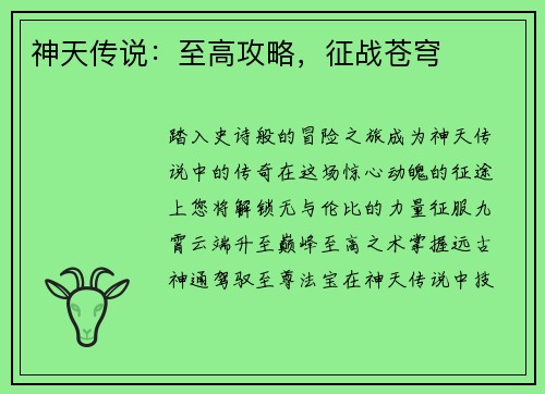 神天传说：至高攻略，征战苍穹
